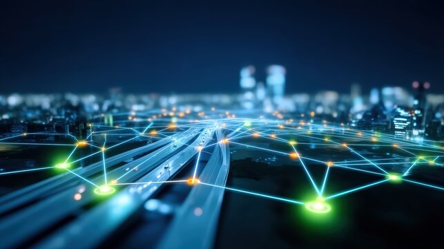 Dynamic connectivity in urban infrastructure cityscape digital art nighttime aerial view smart technology integration