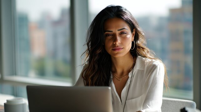 latin hispanic young business woman working on laptop computer at office desk with city view indian entrepreneur manager businesswoman using pc for work learning at workplace 