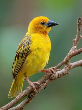 a soft focus of a yellow baya weaver bird perched on a tree in the woods no logos no brands ar 34