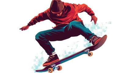 Skateboarder in mid air performing a trick on a skateboard art on transparent background