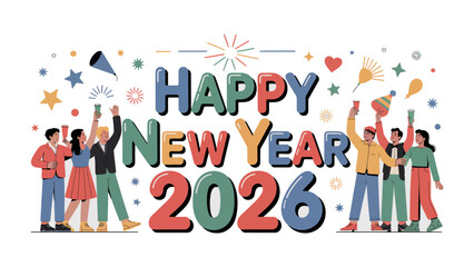 New Year's Eve Festivities: Cheerful figures toast to the future, as vibrant fireworks light up the sky. This image captures the excitement and joy of a new beginning.