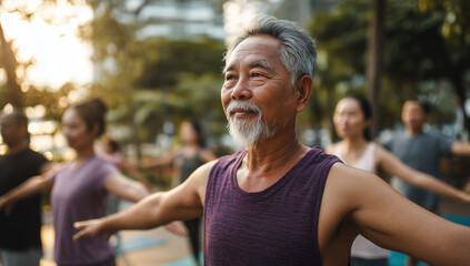 Elderly asian man leading group in outdoor yoga class during golden hour sunset, close up