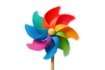 Colorful pinwheel spinning, creating motion blur, representing childhood fun and summer play, transparent background