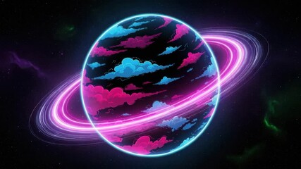 Neon-lit rings circling futuristic planet in seamless looping space animation - Powered by Adobe