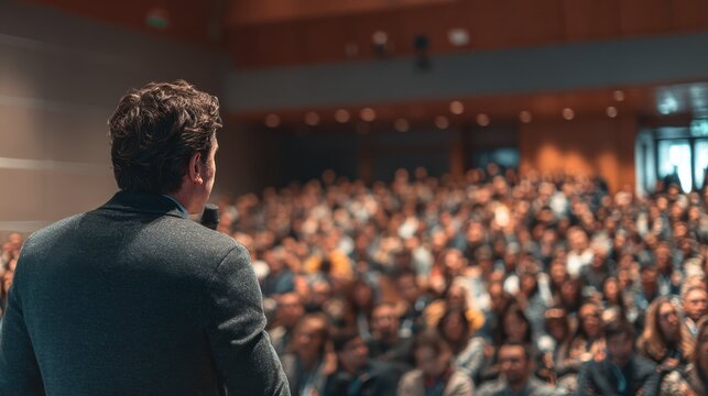 speaker presenting to an attentive audience in a hall generative ai image
