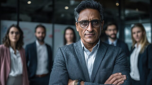 confident indian businessman leading a corporate team meeting