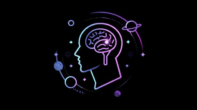 Neon brain silhouette with planets conceptual illustration on black