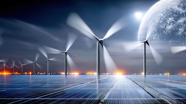 Renewable energy revolution wind turbines and solar panels at night industrial site digital art futuristic environment aerial view sustainability