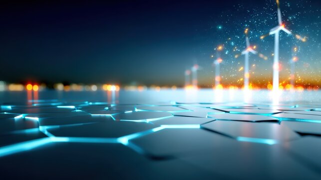 Renewable energy transformation in urban landscapes wind turbines over a futuristic grid evening twilight technology concept - Powered by Adobe