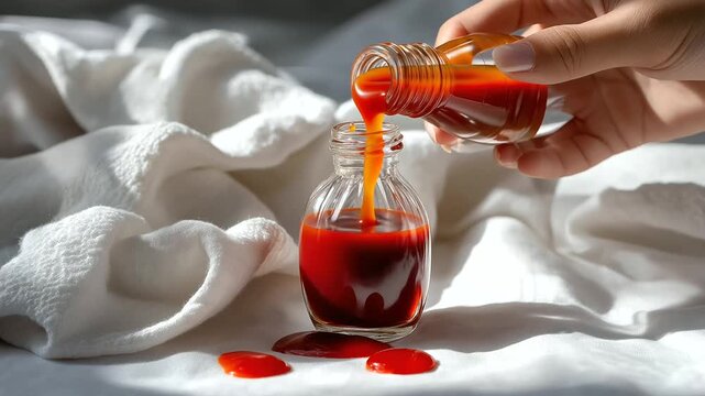 Defocused body holding bottle with crystal clear tomato condiment dripping onto white cotton textile visible, with copy space