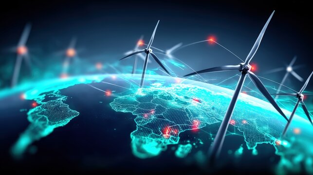 Harnessing renewable energy wind turbines in a global network digital visualization futuristic environment dynamic perspective sustainability focus
