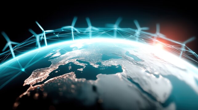 Global renewable energy revolution earth digital illustration technological landscape aerial view sustainability initiative - Powered by Adobe