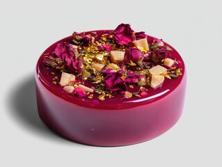 Naklejka premium Round, burgundy-colored cake, topped with rose petals, gold flakes, and white chocolate shards