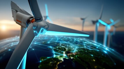 Renewable energy revolution wind turbines powering the future global landscape technology visualization futuristic environment aerial perspective