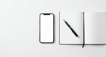Modern Mockup Smartphone and Notebook on White, Minimalist Composition