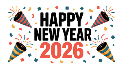 Obraz premium New Year Celebration 2026: An eye-catching graphic design for celebrating the new year with confetti and party poppers. A lively invitation to welcome the next chapter, symbolising hope.