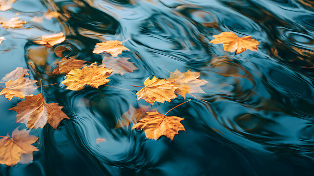 Abstract autumn leaf patterns with lake reflections creating minimalist nature background ideal for prints and home decor projects.