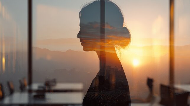 double exposure of woman silhouette with office interior and sunrise
