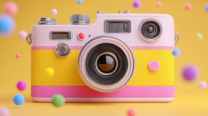 Colorful balls surrounding a camera highlighting vibrancy and fun in influencer clip preview concept for engaging content