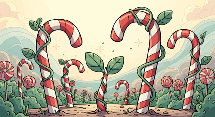 A whimsical fantasy landscape concept where giant candy canes grow like trees and a small plant sprouts in a sweet, sugary world