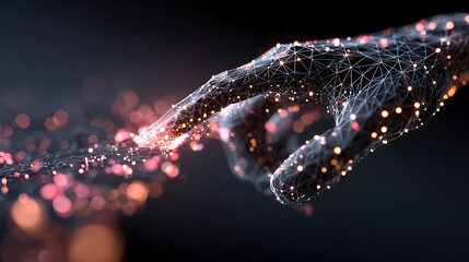 AI and human hand contact on glowing big data network representing futuristic technology innovation and digital advancement visualization.
