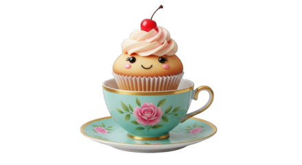 Cute Kawaii Cupcake with Cherry in a Teacup.