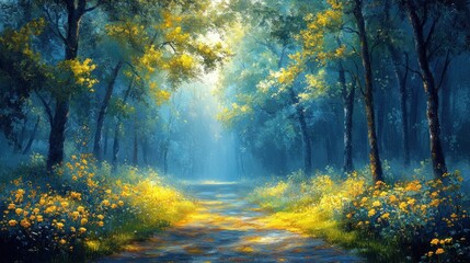 Sunlit forest path. Lush, colorful trees.  Yellow flowers line the way