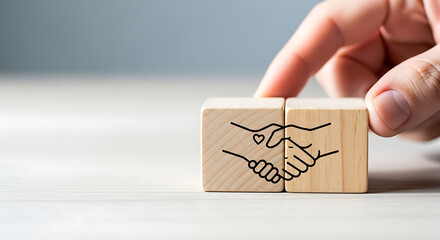 A finger pushes two wooden blocks together, one with a drawing of a handshake and a heart, symbolizing partnership and agreement