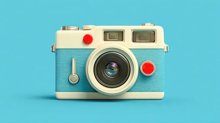 Vintage camera placed against a vibrant blue background perfect for photography enthusiasts and retro aesthetic lovers