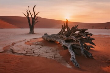 Sunset over a desert landscape with dead trees and sand dunes
