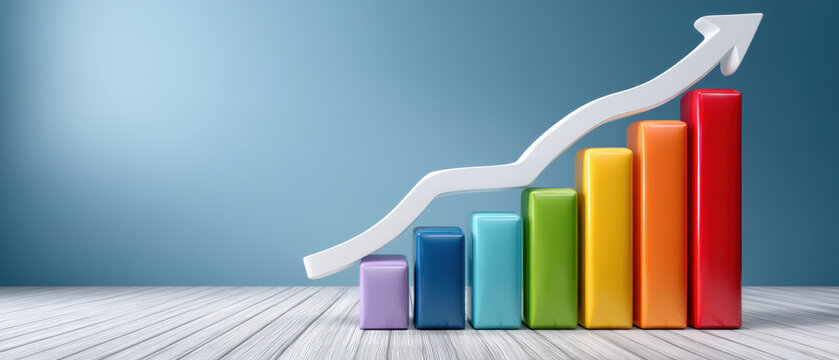 Colorful rising bar chart with upward arrow indicating growth and success
