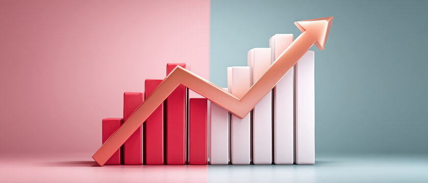 Pink and blue abstract rising bar chart with arrow indicating growth and positive trend