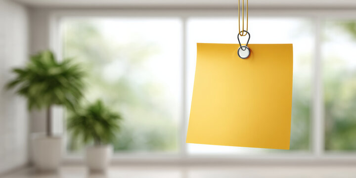 Yellow sticky note hanging by clip in bright modern interior with blurred plant background