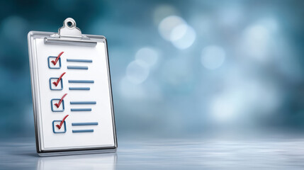 Checklist clipboard with completed tasks on glossy background, organized productivity feeling