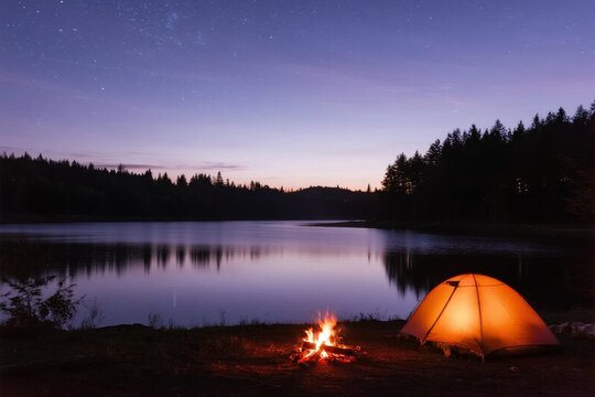 Campsite by a lake at night with a glowing tent and campfire under a starry sky