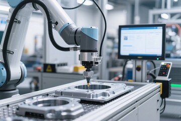 Industrial robotic arm performing precision machining on metal components in a modern manufacturing facility