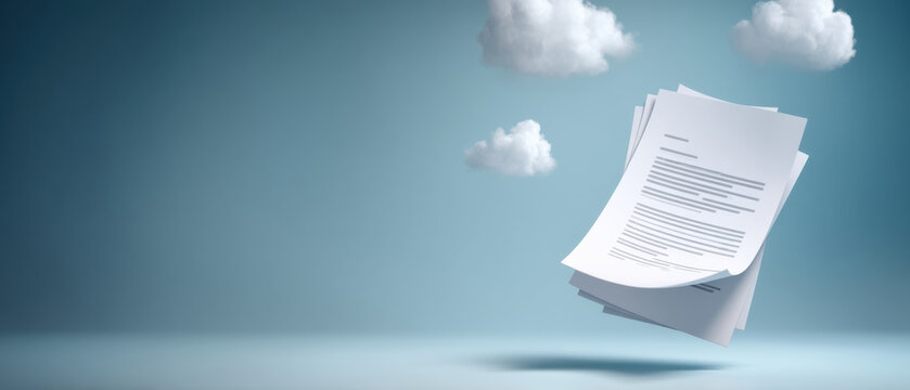 Floating stack of document paper with clouds and soft lighting evoking dreamlike concept