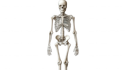 A full human skeleton standing upright against a black backdrop on transparent background