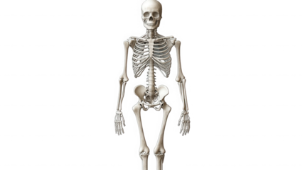 A full human skeleton standing upright against a black backdrop on transparent background