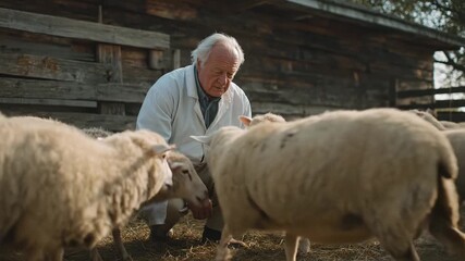 Veterinarian examining sheep herd outdoors. Senior vet inspects flock health. Hands-on livestock care routine. Sheep gather on grassy field. Professional healthcare at farm. Rural agriculture scene. - Powered by Adobe