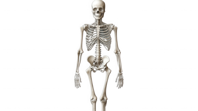 A full human skeleton standing upright against a black backdrop on transparent background