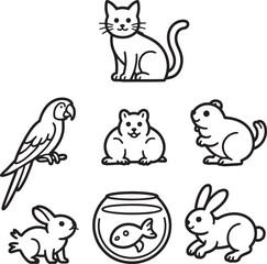 Pets and animals illustration set including cat, parrot, hamster and rabbits