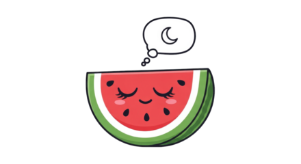 Cute kawaii watermelon slice sleeping and dreaming of the moon.