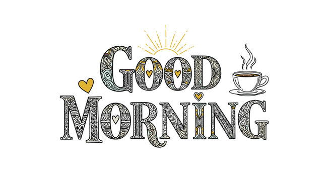 Decorative Good Morning lettering with intricate patterns a steaming coffee cup and a golden sun on a white background.