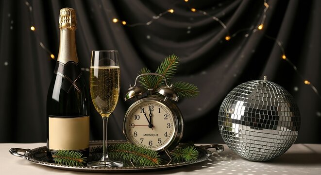 Elegant New Year's Eve still life with champagne, a clock at midnight, and a disco ball on a silver tray.