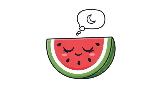 Cute kawaii watermelon slice sleeping and dreaming of the moon. - Powered by Adobe