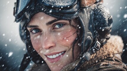an empowered female pilot exudes confidence with a smile against a snowy backdrop showcasing her strength determination and adventurous spirit in a dynamic environment