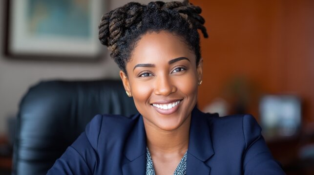a portrait headshot photo of a friendly professional ceo executive business worker a confident black woman in a navy suit smiles warmly at the viewer while seated in a professional office settin