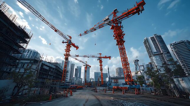 Time lapse of Urban Construction Site with Tower Cranes and High-Rise Buildings Under Overcast Sky