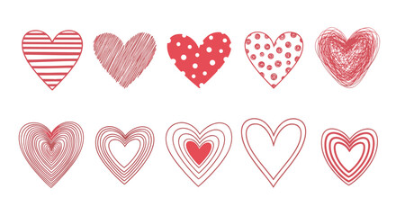 Set of ten hand-drawn red hearts in various doodle styles including scribbled striped polka dot and concentric lines for romantic designs.